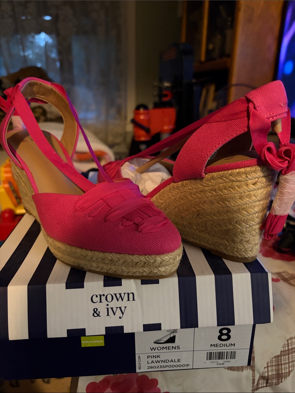 crown & ivy Hot Pink Espadrille Wedge Sandals with Ankle Tie